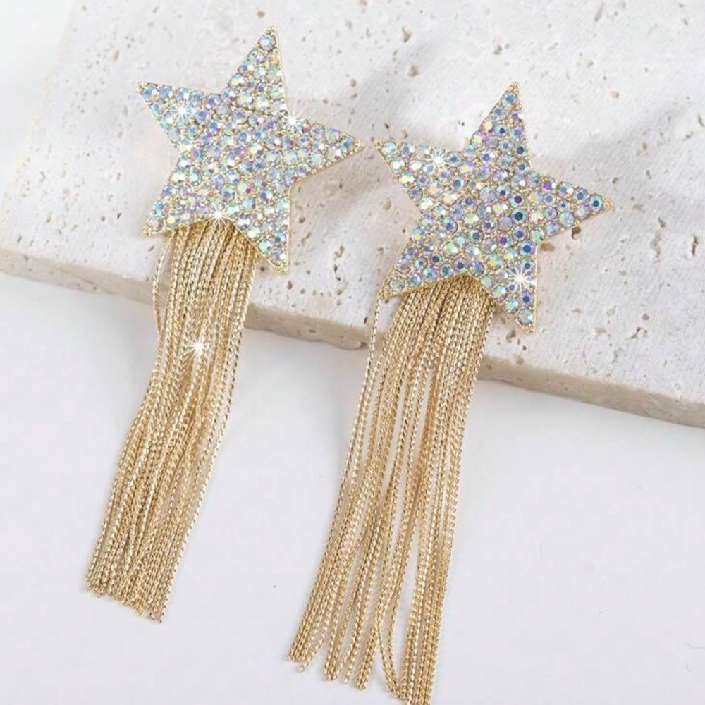 Sparkling Star Earrings with Gold Tassels